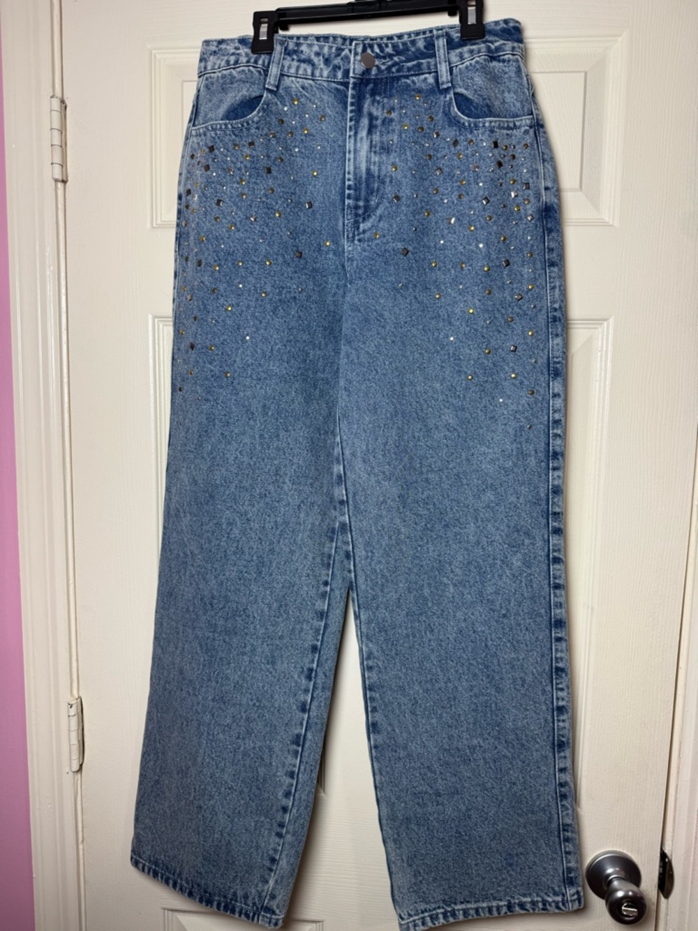 LE LIS Collection Women’s crystal-embellished wide-leg style denim jeans